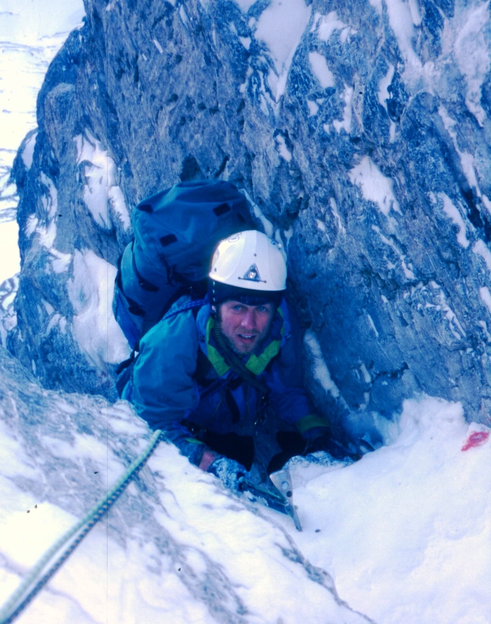 Martin exiting the icy chimney